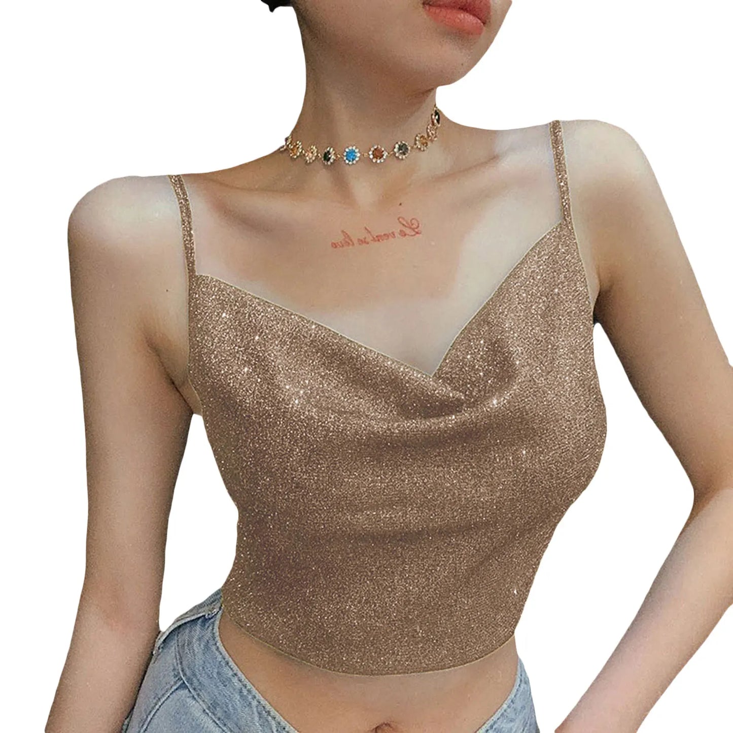 IMIEMIE 2024 Fashion Women Summer Shiny Spaghetti Camis Crop Top Black Straps Low Cut V-Neck Form-Fitting Tank Top for Girls Streetwear