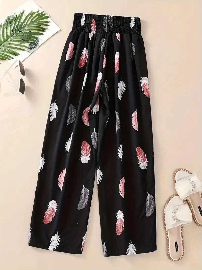 IMIEMIE 2024 Floral Pants Spring and Summer Thin High Waist Slim Ice Silk Stretch Floral straight-leg Women's Pants