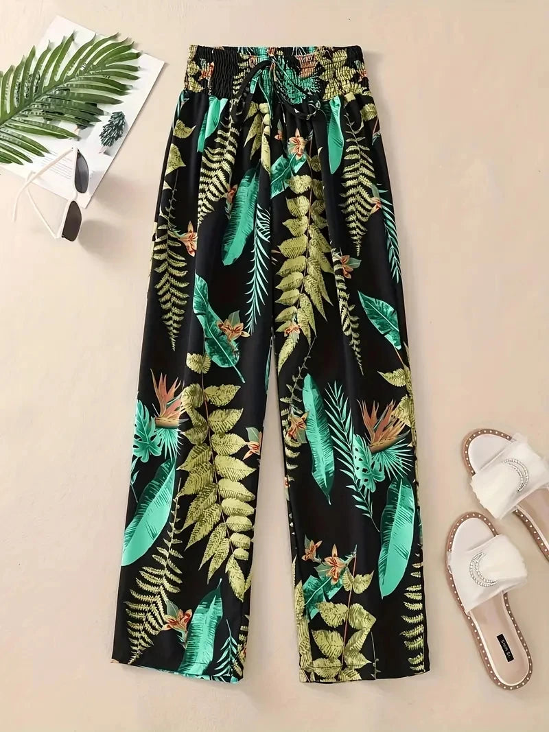 IMIEMIE 2024 Floral Pants Spring and Summer Thin High Waist Slim Ice Silk Stretch Floral straight-leg Women's Pants