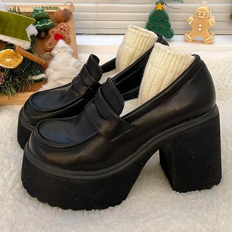 IMIEMIE 2024 Hot Sale High Heels Loafers Women Shoes Retro Chunky Heels Pumps Woman Uniform College Platform Mary Jane Shoes Ladies