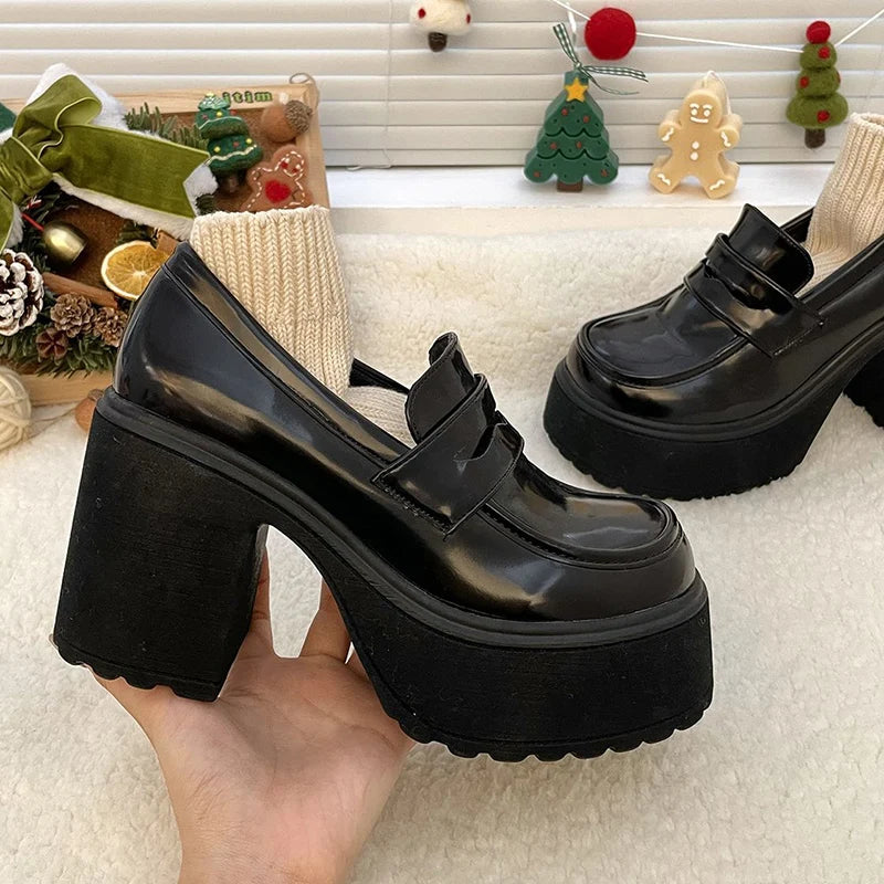 IMIEMIE 2024 Hot Sale High Heels Loafers Women Shoes Retro Chunky Heels Pumps Woman Uniform College Platform Mary Jane Shoes Ladies