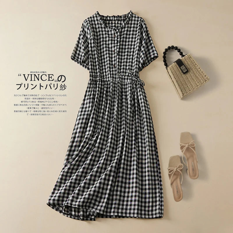 IMIEMIE 2024 New Arrival Thin Cotton Blend Fashion Plaid Summer Dress Draw String Office Lady Work Dress Women Travel Casual Midi Dress