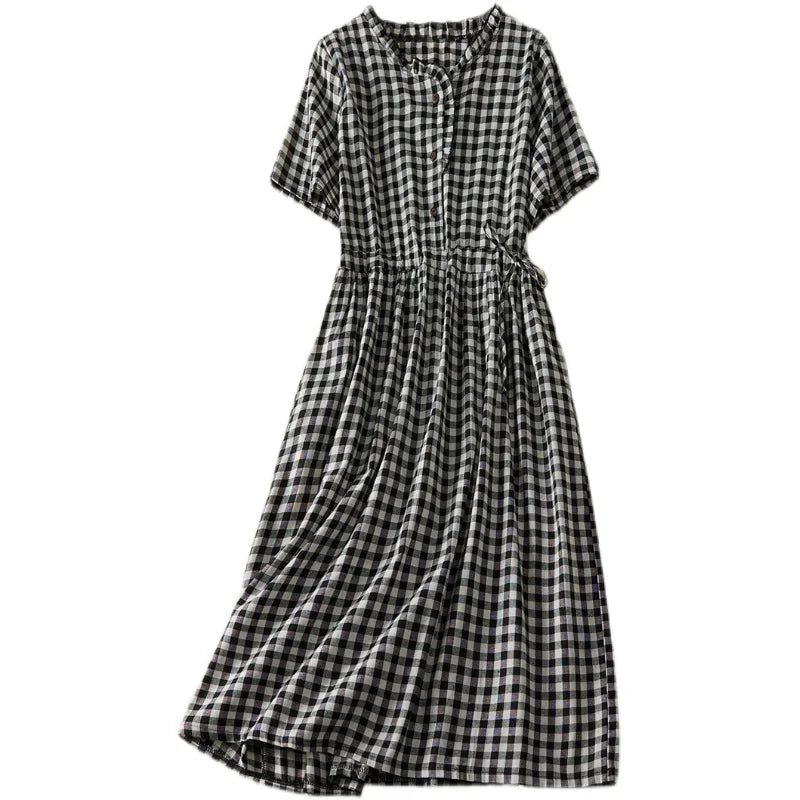 IMIEMIE 2024 New Arrival Thin Cotton Blend Fashion Plaid Summer Dress Draw String Office Lady Work Dress Women Travel Casual Midi Dress