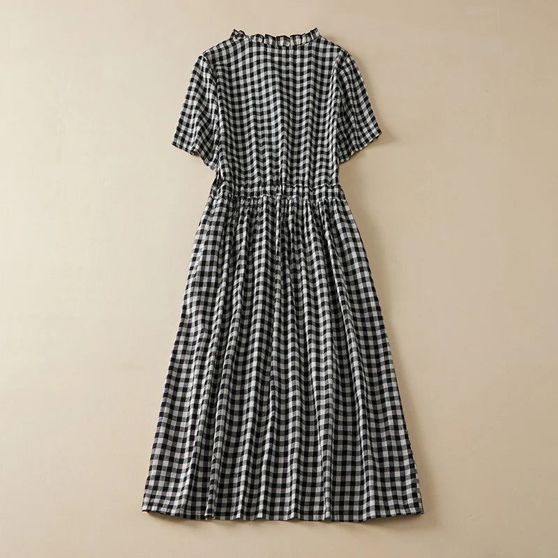 IMIEMIE 2024 New Arrival Thin Cotton Blend Fashion Plaid Summer Dress Draw String Office Lady Work Dress Women Travel Casual Midi Dress