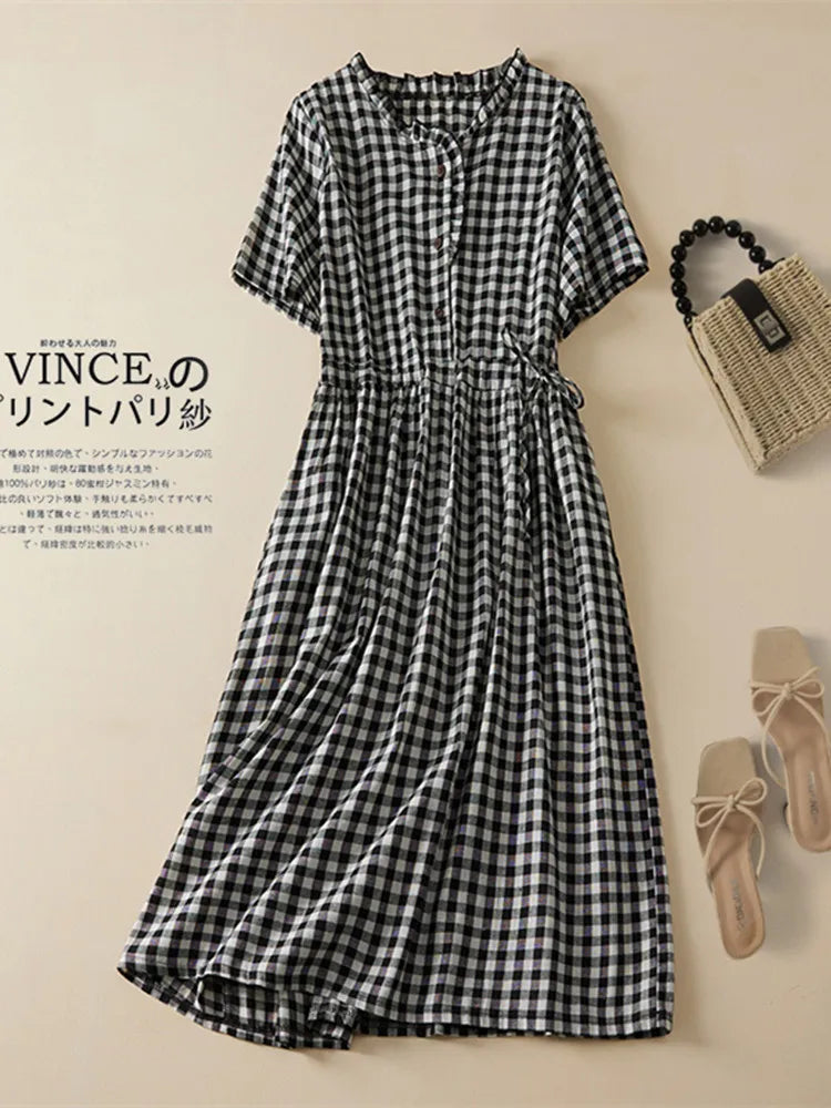 IMIEMIE 2024 New Arrival Thin Cotton Blend Fashion Plaid Summer Dress Draw String Office Lady Work Dress Women Travel Casual Midi Dress