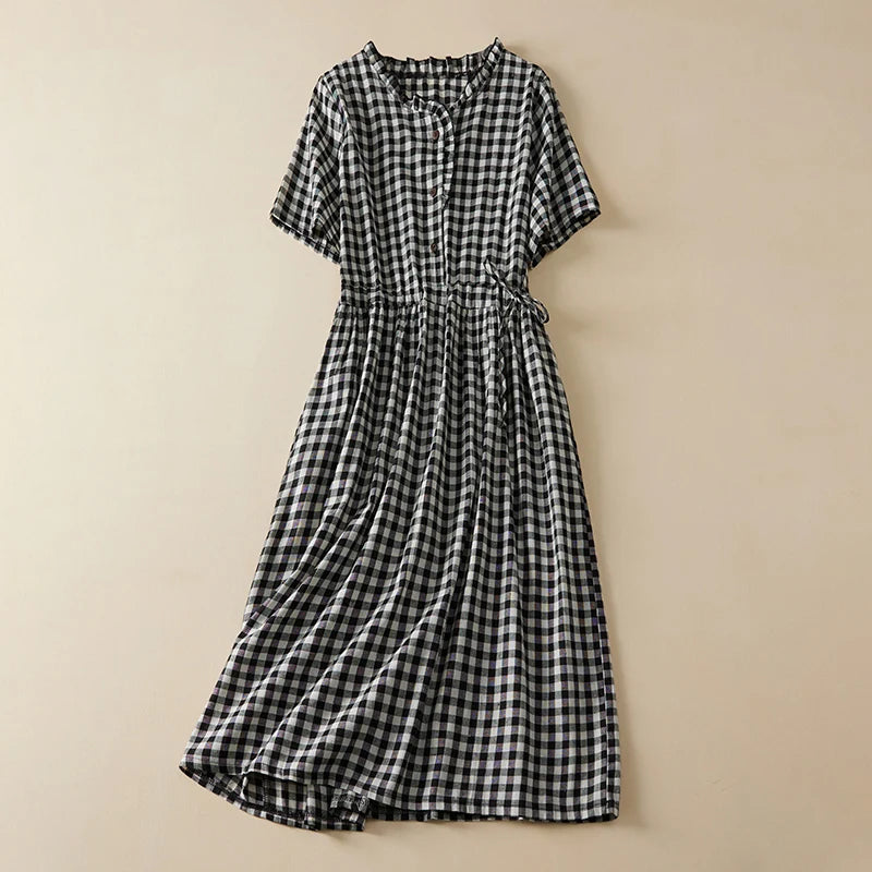 IMIEMIE 2024 New Arrival Thin Cotton Blend Fashion Plaid Summer Dress Draw String Office Lady Work Dress Women Travel Casual Midi Dress