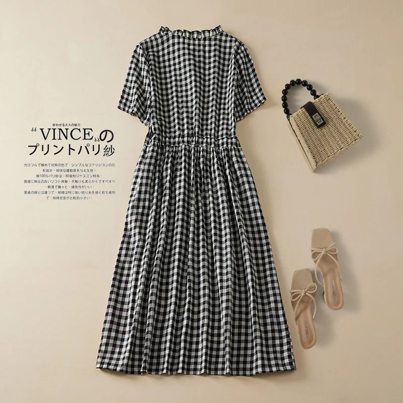 IMIEMIE 2024 New Arrival Thin Cotton Blend Fashion Plaid Summer Dress Draw String Office Lady Work Dress Women Travel Casual Midi Dress