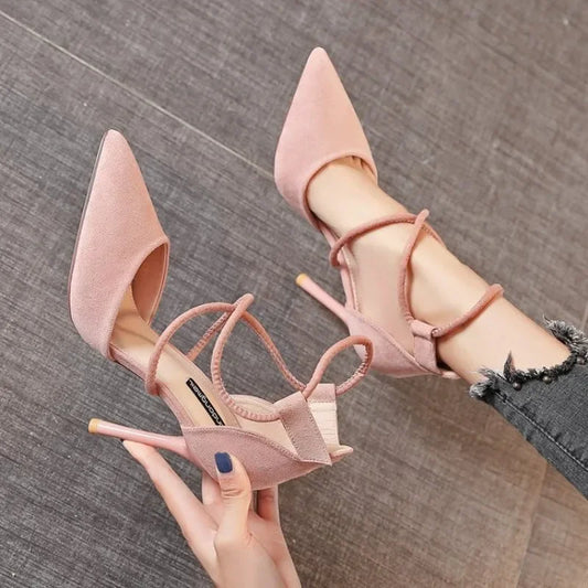 IMIEMIE 2024 New Cross-strap Roman Sandals Suede High Heels Women's Shoes One-line Buckle Fine Heel Pointed Sandals Zapatos De Mujer