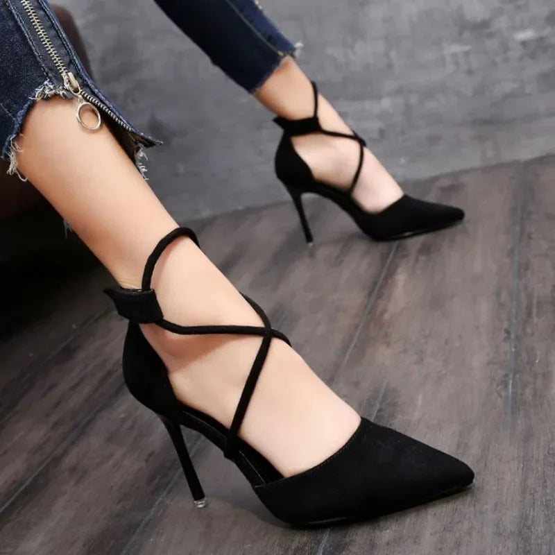 IMIEMIE 2024 New Cross-strap Roman Sandals Suede High Heels Women's Shoes One-line Buckle Fine Heel Pointed Sandals Zapatos De Mujer