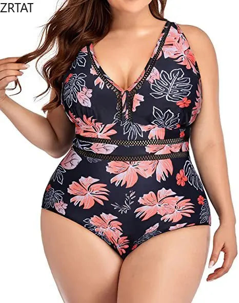 IMIEMIE 2024 New European and American Cross-border One-piece Swimsuit Women's Splicing Cutout Print Swimsuit V-Neck Plus Size Bikini