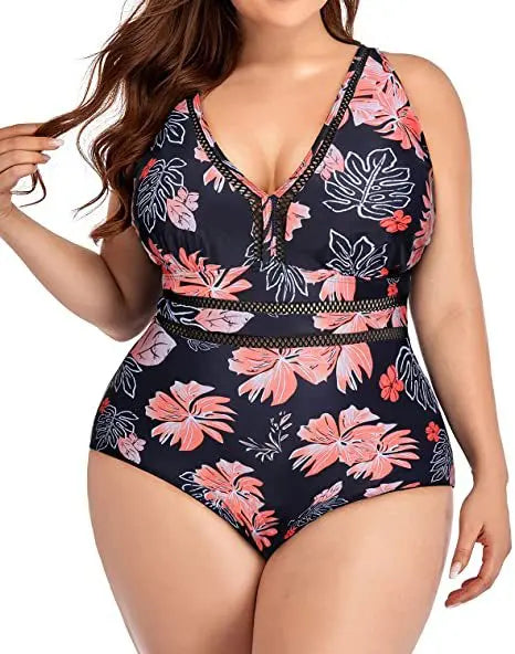 IMIEMIE 2024 New European and American Cross-border One-piece Swimsuit Women's Splicing Cutout Print Swimsuit V-Neck Plus Size Bikini