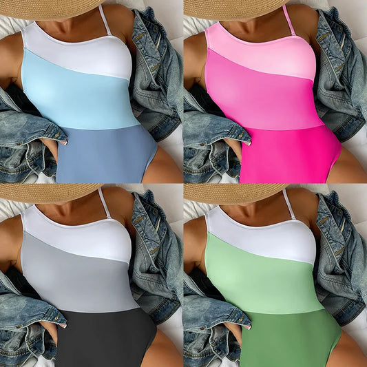 IMIEMIE 2024 New European and American One-shoulder Color-blocking High-waisted One-piece Bikini Swimwear Women Swimsuit