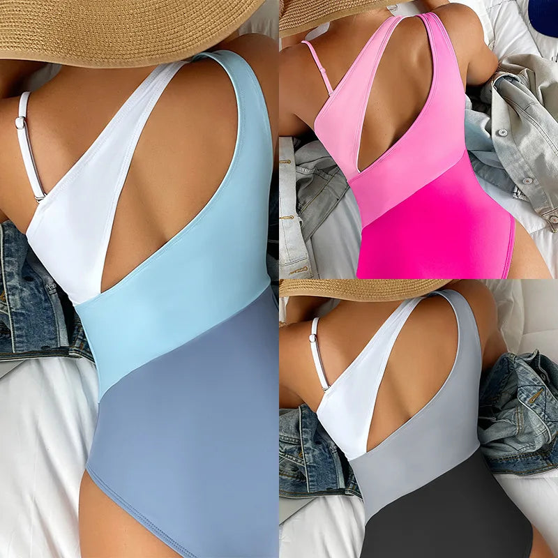 IMIEMIE 2024 New European and American One-shoulder Color-blocking High-waisted One-piece Bikini Swimwear Women Swimsuit