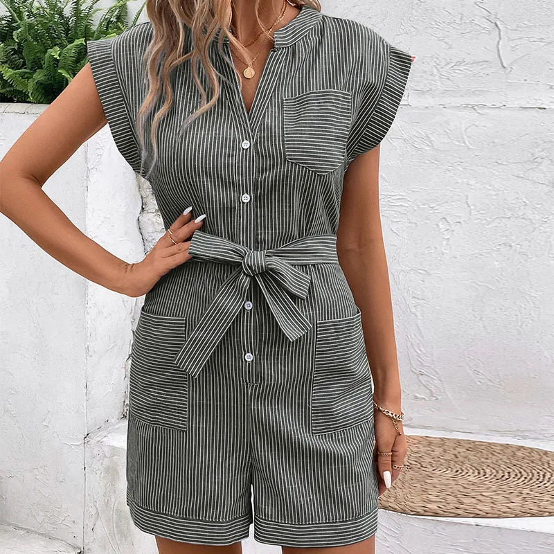 IMIEMIE 2024 New European and American Summer Women's Cross border Fine Stripe Short Sleeve jumpsuit shorts