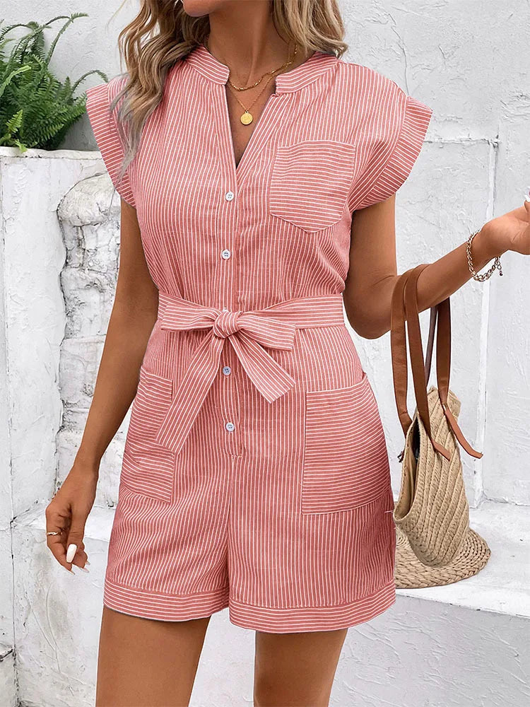 IMIEMIE 2024 New European and American Summer Women's Cross border Fine Stripe Short Sleeve jumpsuit shorts