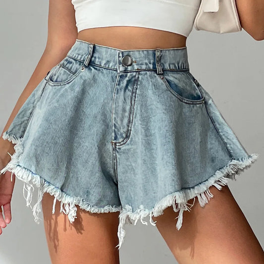 IMIEMIE 2024 New European and American denim shorts, women's distressed high waisted loose fringe jeans