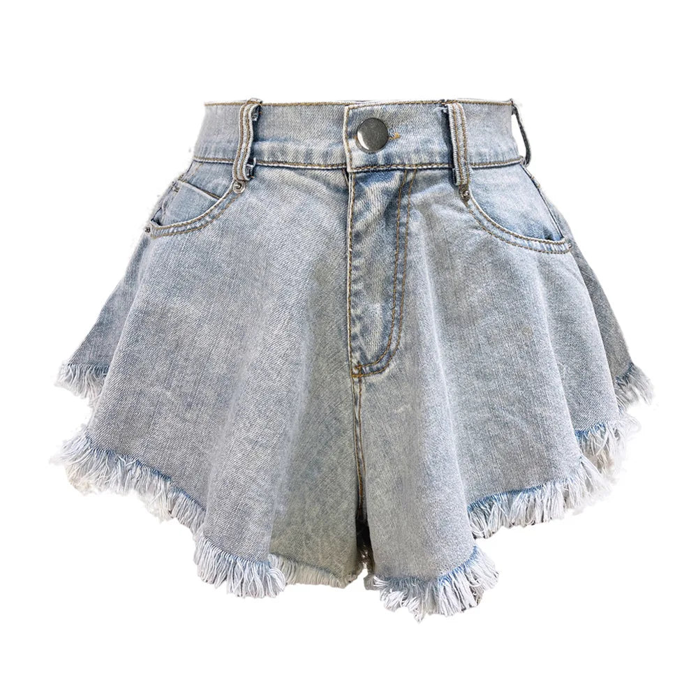 IMIEMIE 2024 New European and American denim shorts, women's distressed high waisted loose fringe jeans