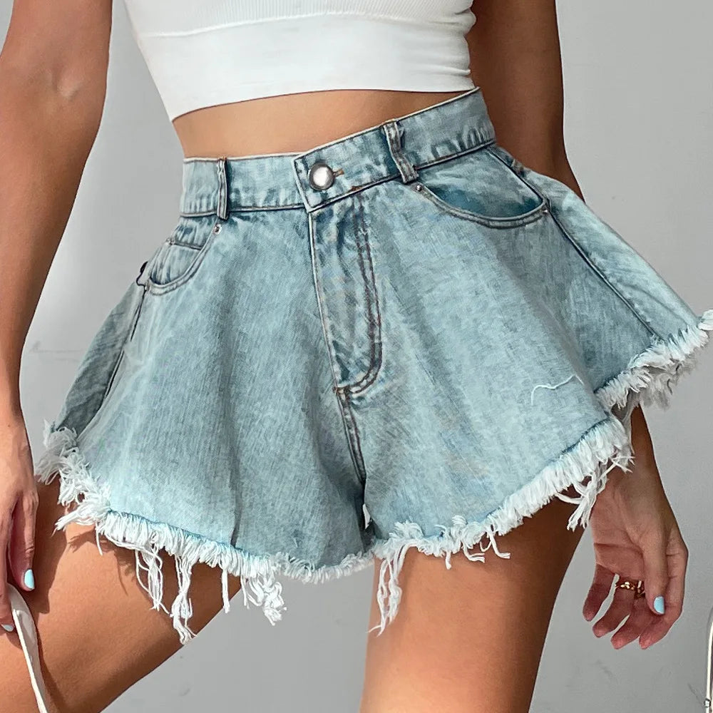 IMIEMIE 2024 New European and American denim shorts, women's distressed high waisted loose fringe jeans