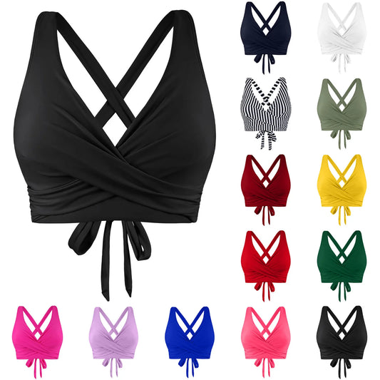 IMIEMIE 2024 New Full Coverage Bikini Top Push Up Swim Crop Top Tie Back Bathing Suit Tops Women Lace Up Swimwear Tops Underwire