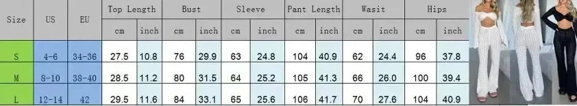 IMIEMIE 2024 New Hollow Out Crochet Knit Pants Set Women Casual Two-Piece Outfit See Through Long Sleeve Crop Tops+High Waist Long Pants