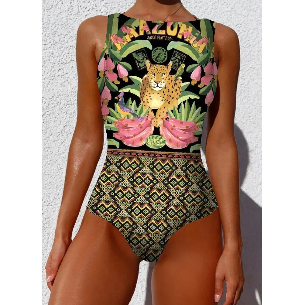 IMIEMIE 2024 New Printed One-piece Swimsuit Classic Printed Lace Up Swimsuit Women's Push Up Flower One-piece Suit Beach Wear For Female