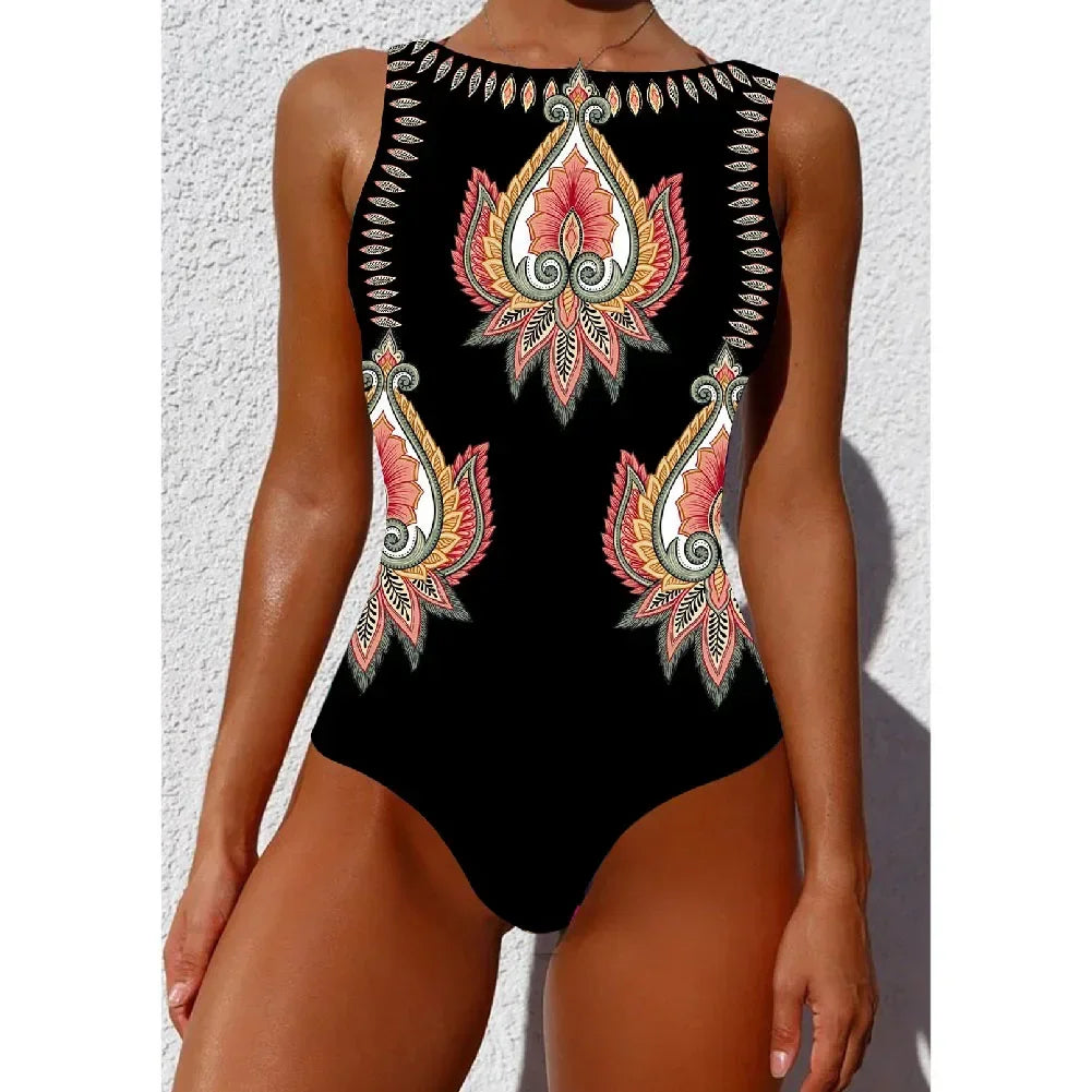 IMIEMIE 2024 New Printed One-piece Swimsuit Classic Printed Lace Up Swimsuit Women's Push Up Flower One-piece Suit Beach Wear For Female