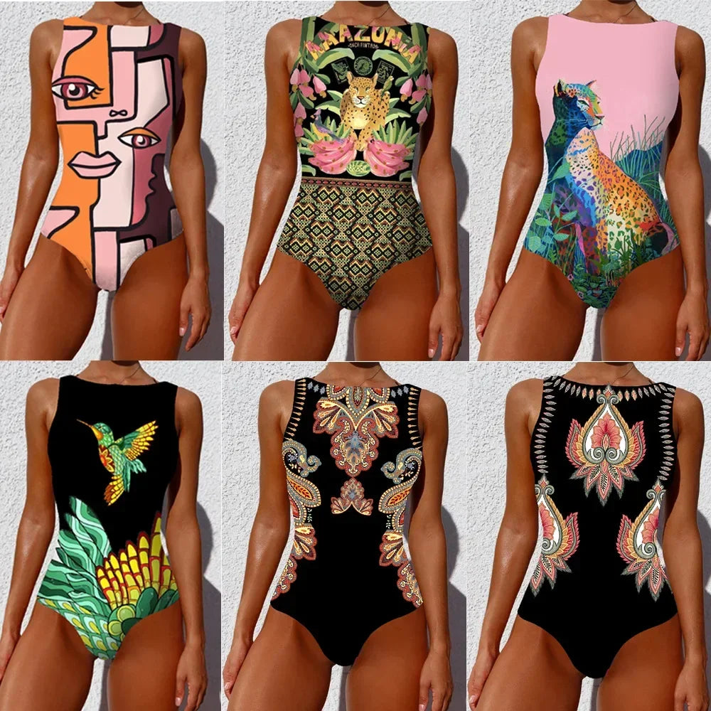 IMIEMIE 2024 New Printed One-piece Swimsuit Classic Printed Lace Up Swimsuit Women's Push Up Flower One-piece Suit Beach Wear For Female