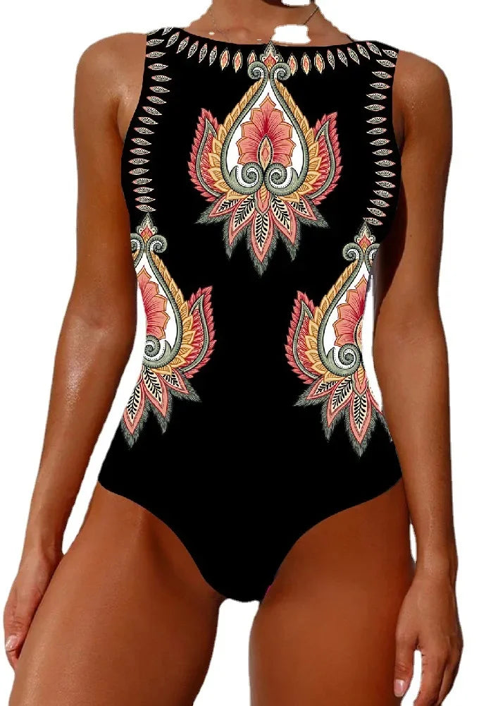 IMIEMIE 2024 New Printed One-piece Swimsuit Classic Printed Lace Up Swimsuit Women's Push Up Flower One-piece Suit Beach Wear For Female