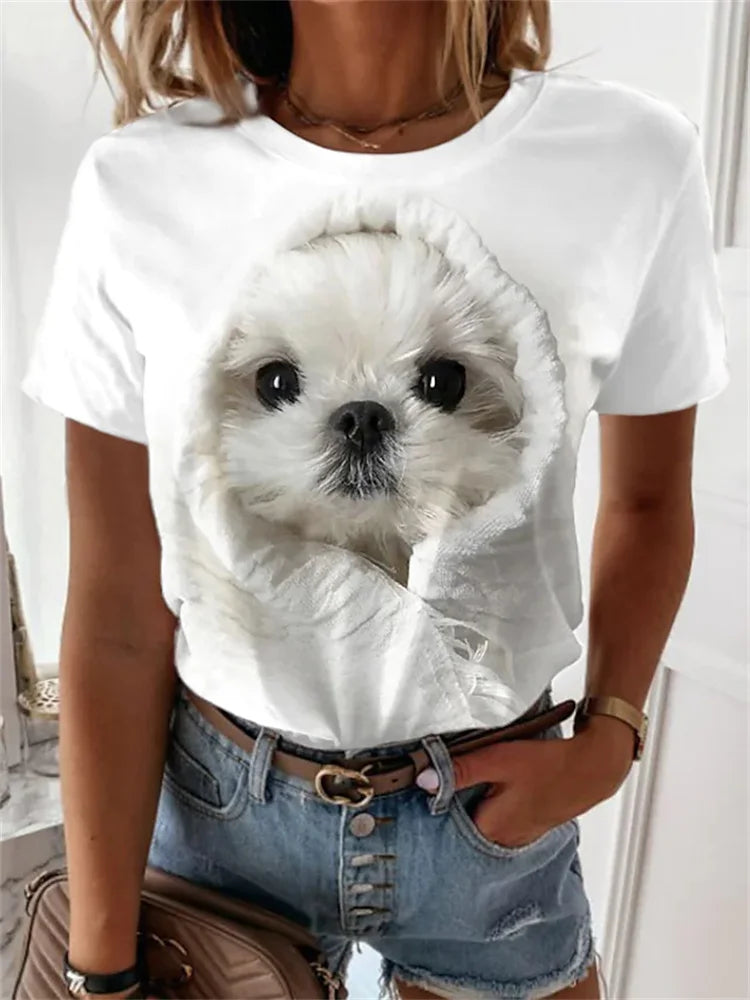 IMIEMIE 2024 New Style T-shirt For Women Cute Dog Graphic Print Female Tees Oversized T-Shirt Summer Women Clothing Short Sleeve Fashion