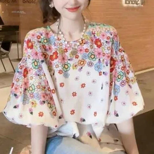 IMIEMIE 2024 New Summer Commuting Young Style Sweet and Fashionable Chiffon Lantern Sleep Loose Round Neck Printed Women's T-shirt Top