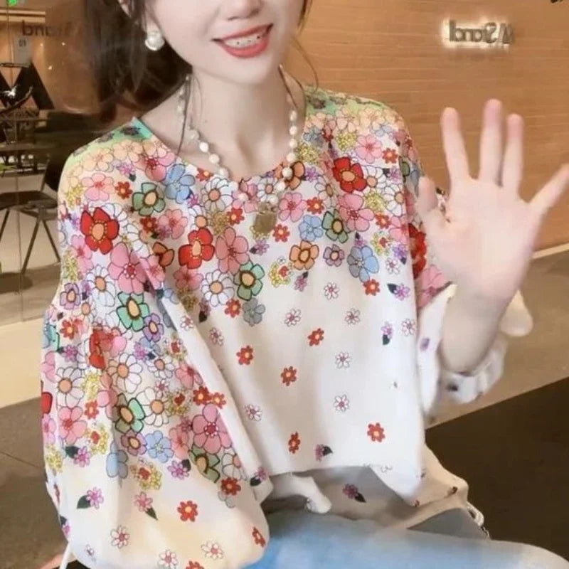 IMIEMIE 2024 New Summer Commuting Young Style Sweet and Fashionable Chiffon Lantern Sleep Loose Round Neck Printed Women's T-shirt Top