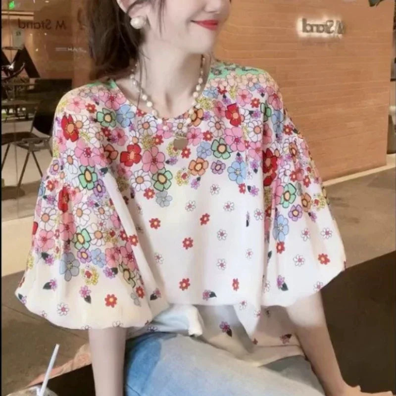 IMIEMIE 2024 New Summer Commuting Young Style Sweet and Fashionable Chiffon Lantern Sleep Loose Round Neck Printed Women's T-shirt Top