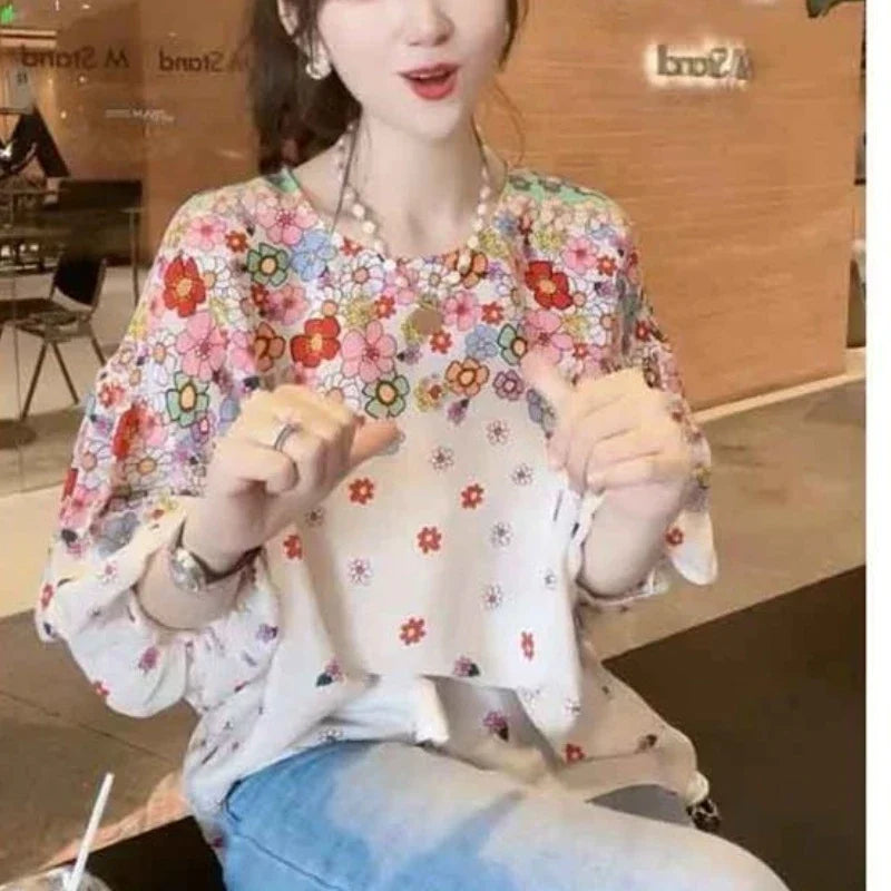 IMIEMIE 2024 New Summer Commuting Young Style Sweet and Fashionable Chiffon Lantern Sleep Loose Round Neck Printed Women's T-shirt Top