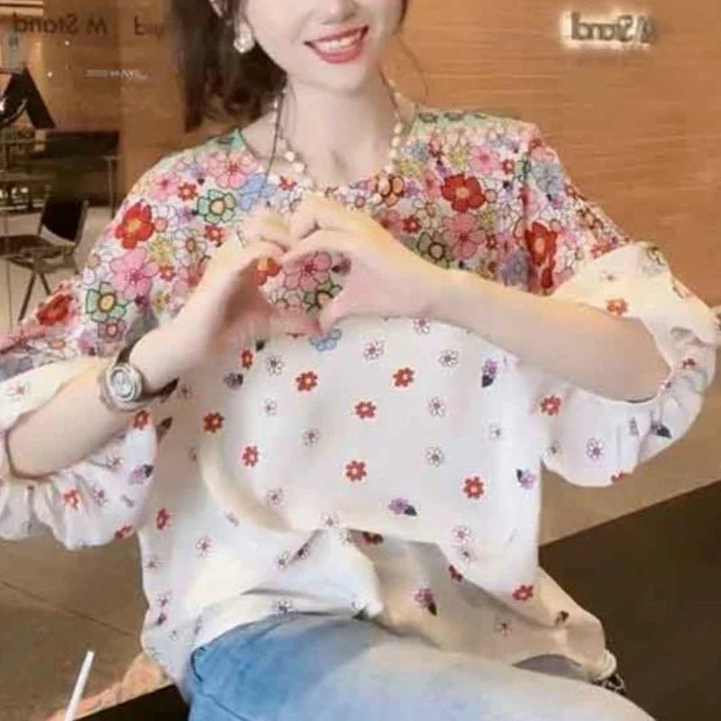 IMIEMIE 2024 New Summer Commuting Young Style Sweet and Fashionable Chiffon Lantern Sleep Loose Round Neck Printed Women's T-shirt Top