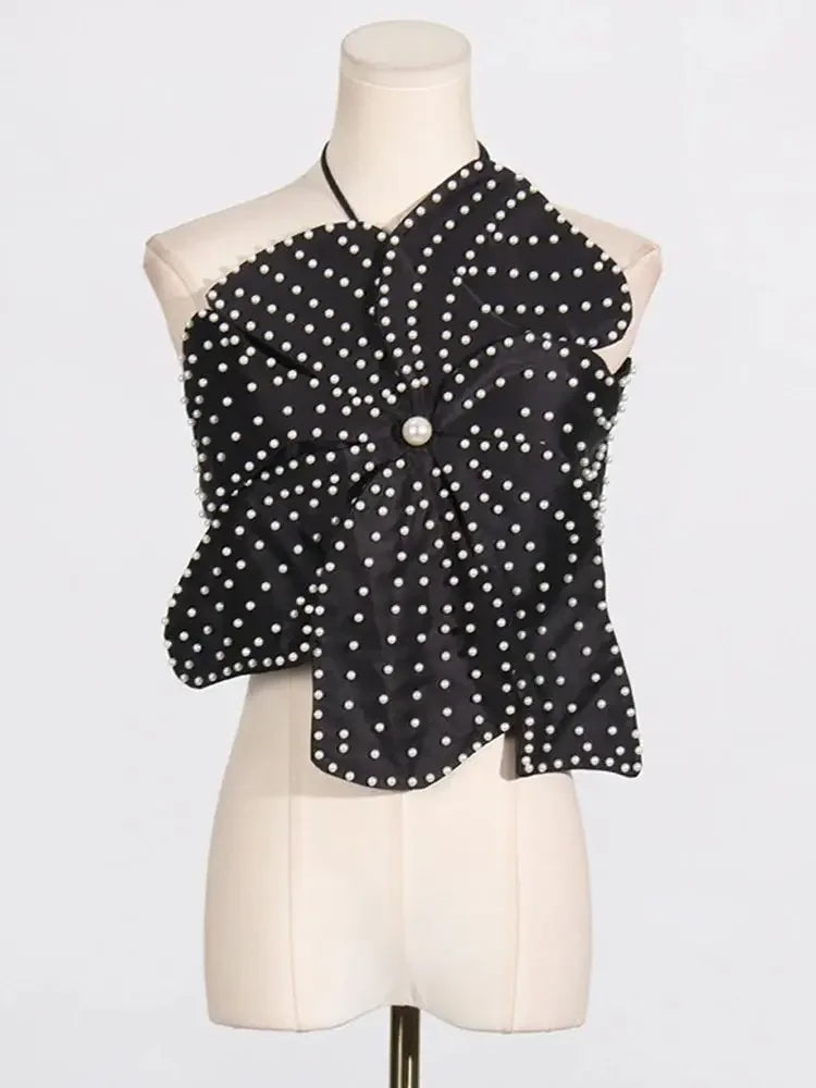 IMIEMIE 2024 New Summer Women's Black and White Handmade Beaded Flower Sexy Short Hanging Neck Strap Top