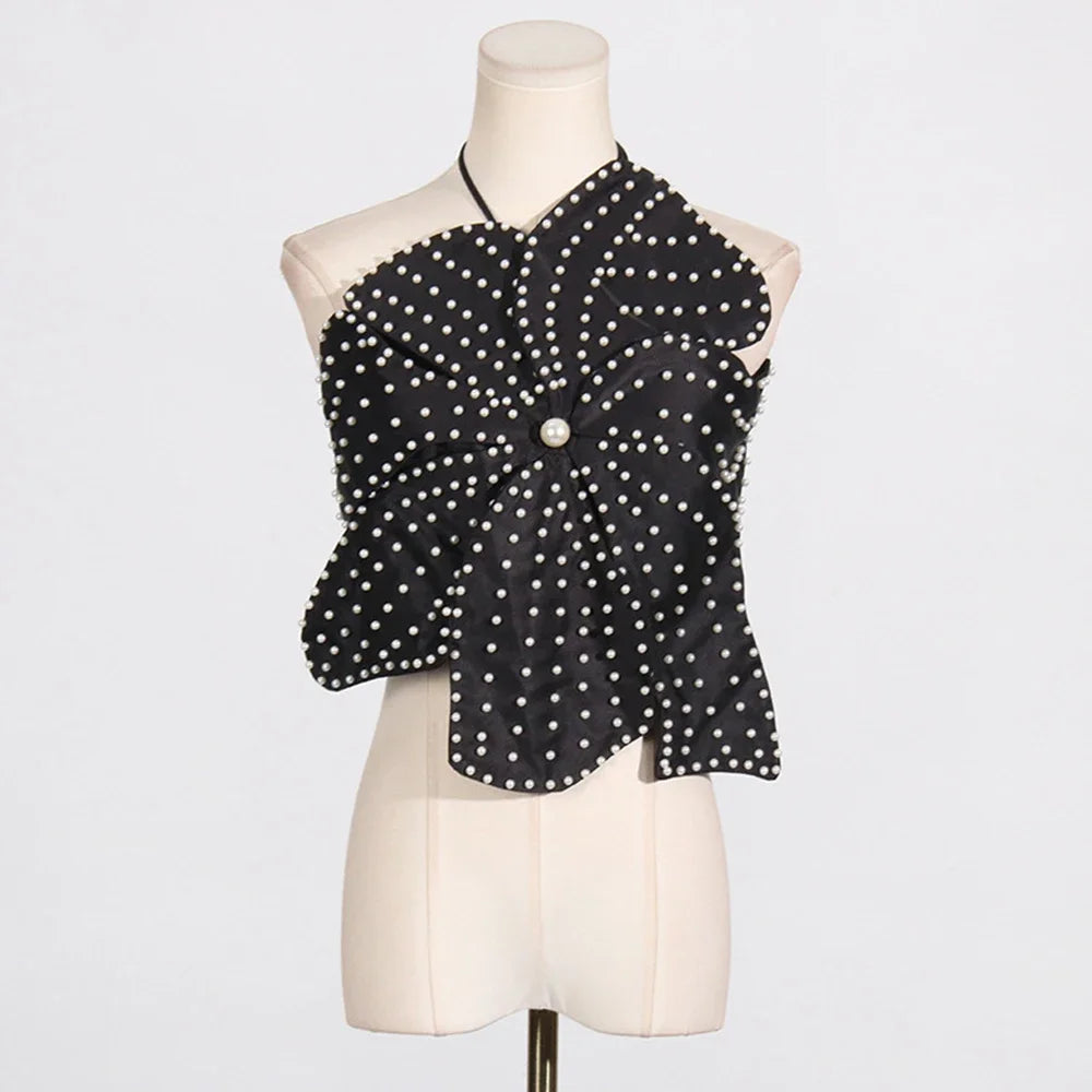 IMIEMIE 2024 New Summer Women's Black and White Handmade Beaded Flower Sexy Short Hanging Neck Strap Top