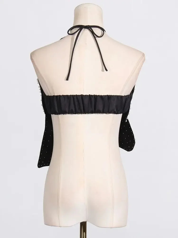 IMIEMIE 2024 New Summer Women's Black and White Handmade Beaded Flower Sexy Short Hanging Neck Strap Top