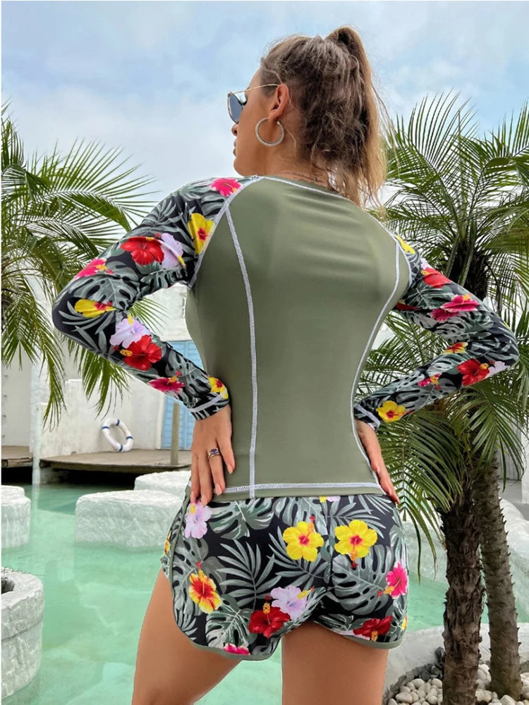 IMIEMIE 2024 New Tankini Women Swimsuit Tropical Print Bikini Set Long Sleeve Swimwear Summer Shorts Beachwear Female Bathing Suit