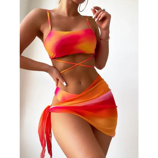 IMIEMIE 2024 New Women Tie Dyed Split Bikini Sexy Hip Lifting Mesh Gradient Beach Three Piece Set Cross Swimwear Girl