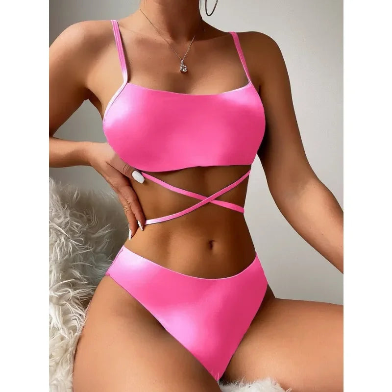 IMIEMIE 2024 New Women Tie Dyed Split Bikini Sexy Hip Lifting Mesh Gradient Beach Three Piece Set Cross Swimwear Girl