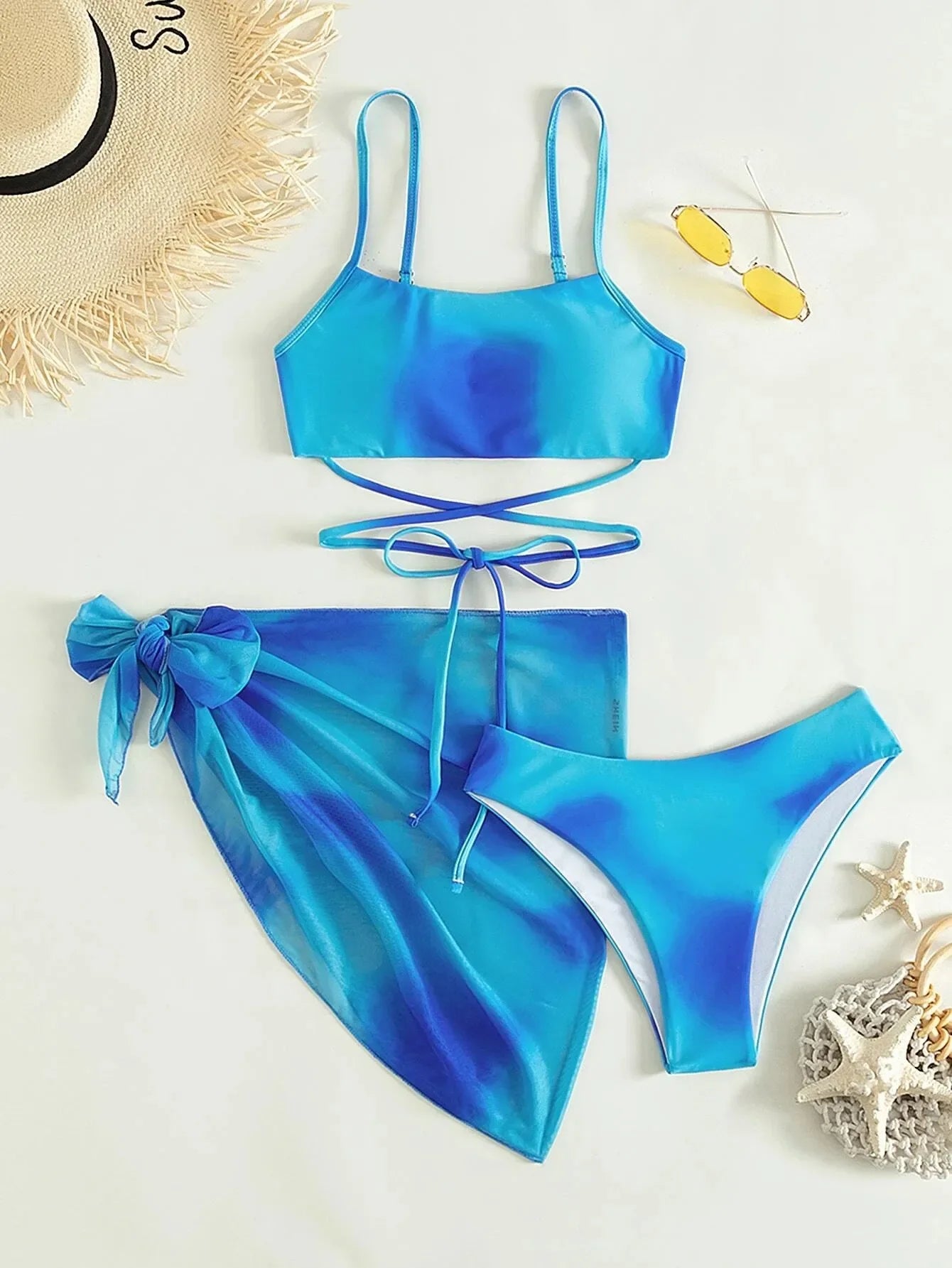 IMIEMIE 2024 New Women Tie Dyed Split Bikini Sexy Hip Lifting Mesh Gradient Beach Three Piece Set Cross Swimwear Girl