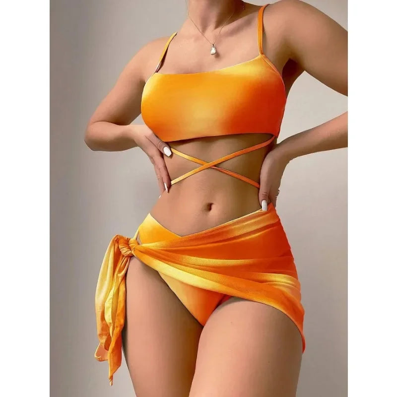 IMIEMIE 2024 New Women Tie Dyed Split Bikini Sexy Hip Lifting Mesh Gradient Beach Three Piece Set Cross Swimwear Girl