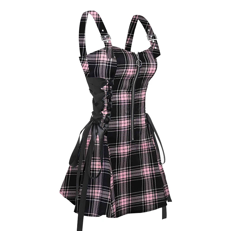 IMIEMIE 2024 New Womens Mini Dresses Retro Plaid Print Lace Up Dress O Ring Half Zipper Adjustable Buckle Strap Sleeveless Dress