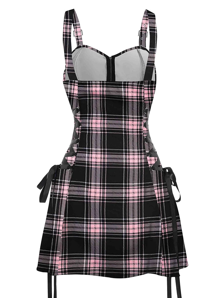 IMIEMIE 2024 New Womens Mini Dresses Retro Plaid Print Lace Up Dress O Ring Half Zipper Adjustable Buckle Strap Sleeveless Dress