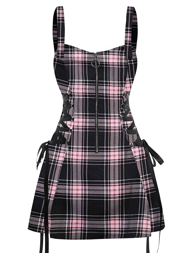 IMIEMIE 2024 New Womens Mini Dresses Retro Plaid Print Lace Up Dress O Ring Half Zipper Adjustable Buckle Strap Sleeveless Dress