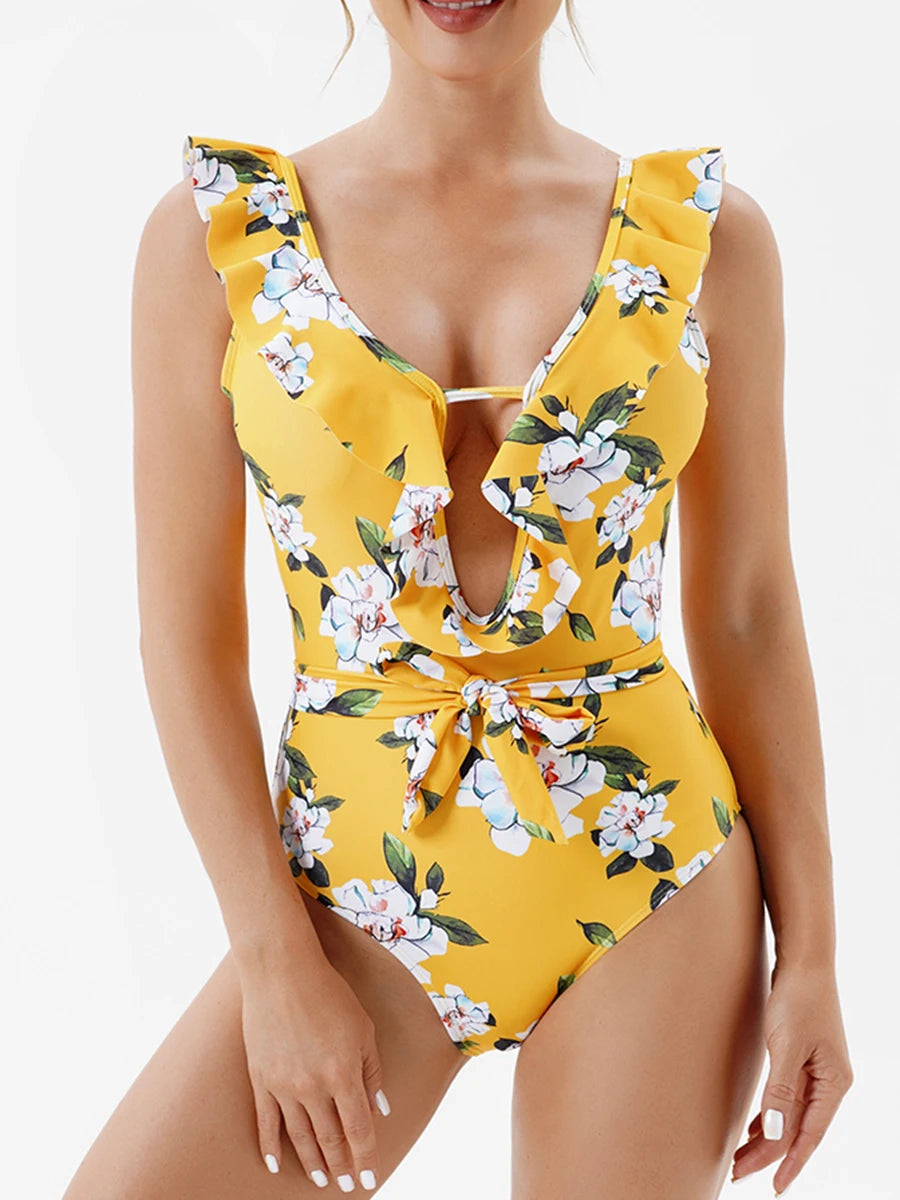 IMIEMIE 2024 Print Ruffle Swimsuit Women One Piece Hollow Out Sexy Swimwear Female Backless Beachwear Bathers Bathing Swimming Swim Suit