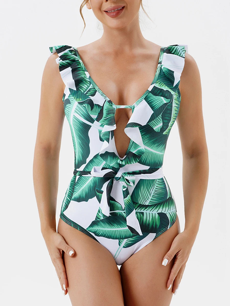 IMIEMIE 2024 Print Ruffle Swimsuit Women One Piece Hollow Out Sexy Swimwear Female Backless Beachwear Bathers Bathing Swimming Swim Suit