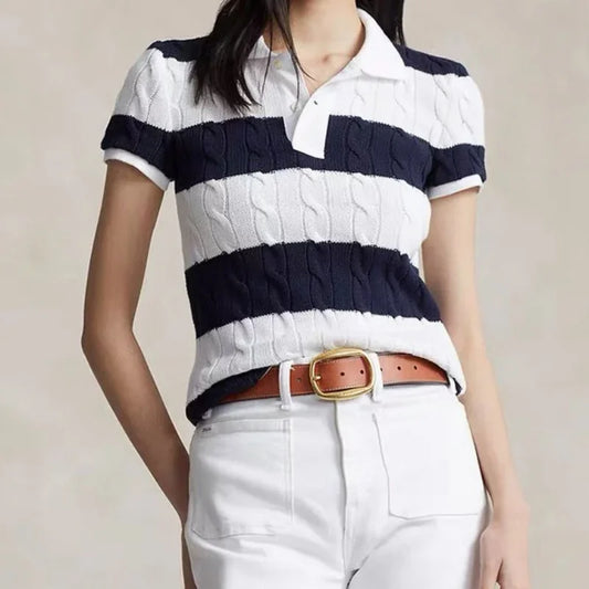 IMIEMIE 2024 RL Summer Women's 100% Cotton Pony Short Sleeve Embroidered Polo Shirt Women's Striped Knit Sweater Pullover Top