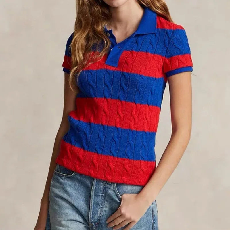 IMIEMIE 2024 RL Summer Women's 100% Cotton Pony Short Sleeve Embroidered Polo Shirt Women's Striped Knit Sweater Pullover Top