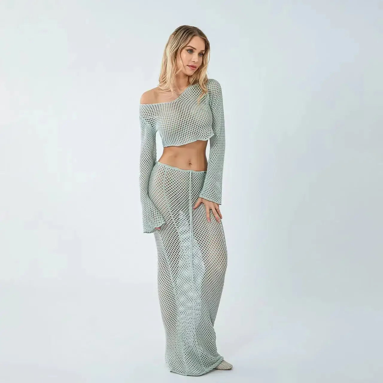 IMIEMIE 2024 Sexy Women Y2k Hollow Out Maxi Skirt Set Crochet Long Sleeve Tie Up Crop Top Bodycon Knitted Long Skirt 2 Piece Suits Solid